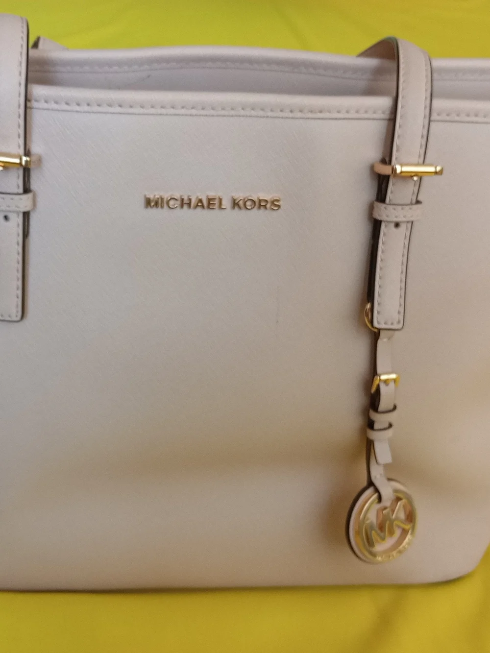 Michael Kors Cream Leather Tote with Gold Logo Charm